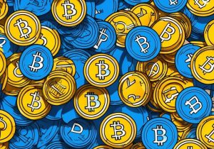 Bitcoins in blue and yellow