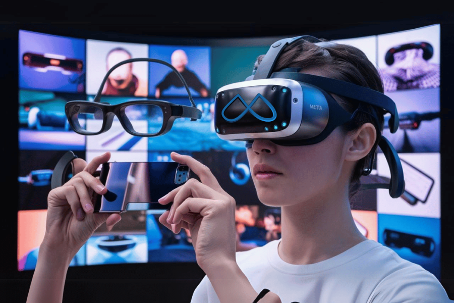 Everything we know about Meta Connect 2024: from Quest 3 to VR. A woman wearing a Meta-branded VR headset examines various types of smart glasses and AR devices displayed on a multi-screen setup behind her, highlighting the integration of advanced technology in Meta's product lineup.