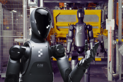 Figure's 02 humanoid robot now has the ability to chat and learn from its mistakes. The image shows two humanoid robots, labeled "F.02," positioned in a factory setting with industrial machinery in the background. The robot in the foreground is facing the camera, featuring a sleek black head and gray body with visible joints and articulated hands, suggesting advanced mobility and dexterity. The robot in the background is turned slightly away, emphasizing the versatility and human-like features of these machines.