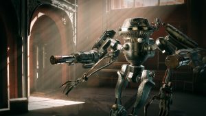 a retro-style robot with gatling guns on both arms stands in a dusty workshop