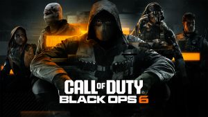 title card for Call of Duty Black Ops 6 showing its multiplayer characters, including one in the center sitting in the classic pose on the cover of Black Ops since its 2010 debut.