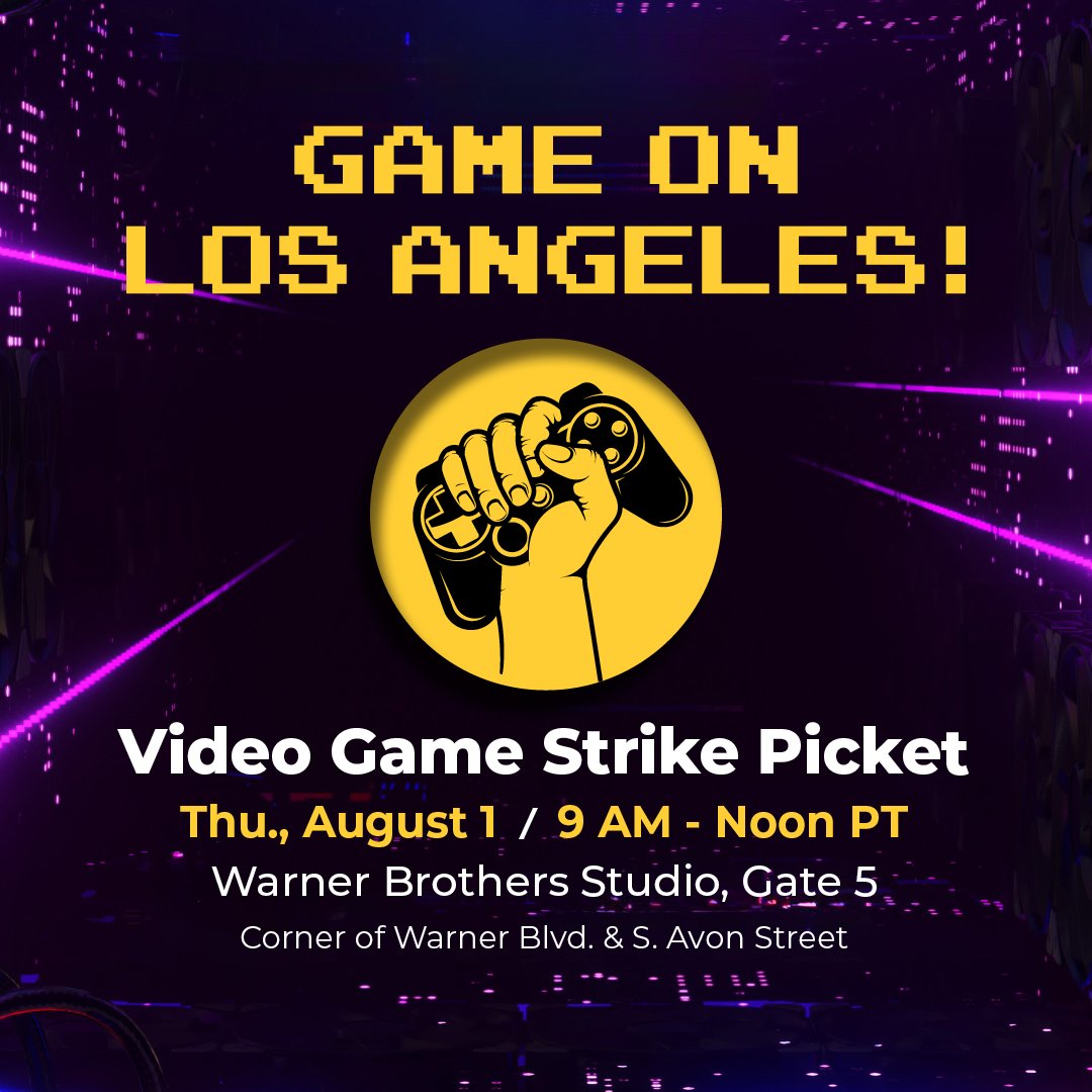 Video gaming industry AI notifies of strike, first picket takes place today. Promotional poster sharing that information.