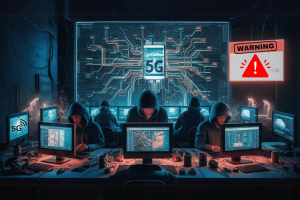 Hackers could exploit major 5G baseband security flaw, researchers say. The image depicts a group of individuals in hooded sweatshirts, working on multiple computer screens in a dimly lit room, suggesting a cyber-hacking scenario. A large display screen in the background shows a network diagram with a prominent "5G" label in the center. On the right side of the image, there is a red warning sign with an exclamation mark, indicating a potential security threat. The overall ambiance is dark and tense, emphasizing the seriousness of the depicted cyber threat related to 5G technology.