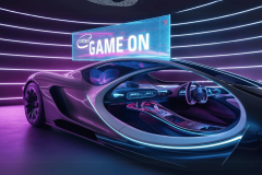 Intel launches new 'high-demand AAA gaming' GPU for cars. A futuristic car with a sleek, metallic purple finish is showcased under vibrant purple neon lights. The interior features advanced digital displays and controls, illuminated in blues and pinks. Above the car, a large holographic display reads "Intel GAME ON," highlighting Intel's integration into automotive technology.