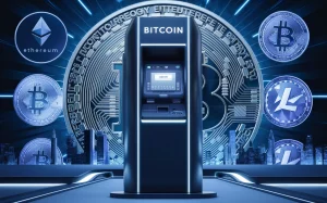 A sleek and modern representation of a cryptocurrency ATM, which stands tall in a futuristic cityscape. The ATM has a touch screen interface and is surrounded by a variety of digital currencies, including Bitcoin, Ethereum, and Litecoin, displayed on the background. The machine itself glows with a cool blue light, suggesting it's in use or connected to the blockchain network. The overall ambiance of the image is sleek, modern, and forward-thinking, showing how technology is shaping the future of finance.