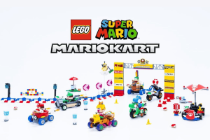 LEGO unveils six new Super Mario Kart sets racing our way. Image showcasing six new LEGO Super Mario Kart sets. The scene features various Mario Kart characters, including Mario, Luigi, Yoshi, Donkey Kong, and Toad, each in their themed karts. The sets include a racing gate, obstacles, and iconic Mario Kart elements like banana peels and shells. The LEGO Super Mario and Mario Kart logos are prominently displayed above the sets.