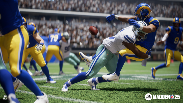 A Dallas Cowboys linebacker applies a crunching tackle to a Los Angeles Rams receiver in Madden NFL 25