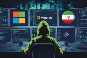 Microsoft exposes Iranian hackers using 'Tickler' malware against US and UAE defense targets. Hacker with a dark hood in front of computers with Microsoft logo and Iran flag