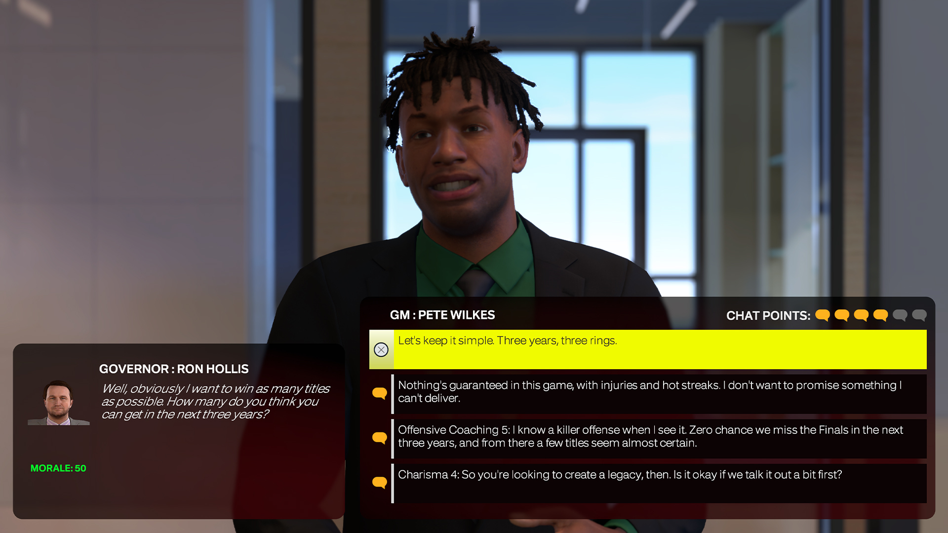 A screen showing dialogue options in NBA 2K25's MyGM mode, with the player character talking to team players about his future with the franchise.