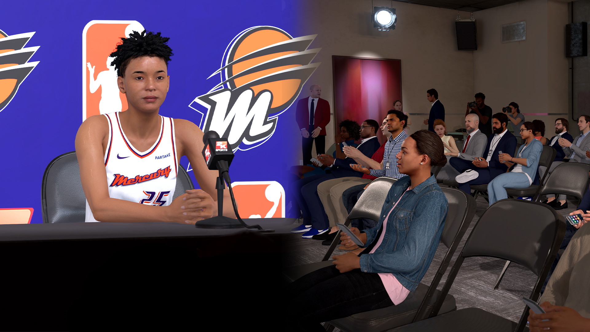 A montage of two images showcasing the press conference role-playing feature newly added to NBA 2K25's W, the WNBA mode. In the first image, players are seated on a podium answering questions, while in the second, reporters are seated in folding chairs with their hands raised.