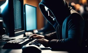 A hacker sits over a computer keyboard in the dark