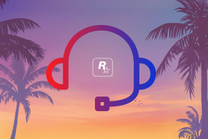 Rockstar may introduce new modding features for GTA Online - report. The image shows a colorful sunset with silhouettes of palm trees in the background. The focal point is a large, stylized headset icon that loops around a Rockstar Games logo in the center. The headset is depicted in gradient shades of red and blue, creating a vibrant and eye-catching design against the serene sunset backdrop.