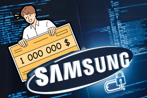 Samsung offers $1 million reward for reporting software vulnerabilities. The image portrays a cartoon-style man holding a giant check for $1,000,000, against a backdrop featuring the Samsung logo and a digital security lock symbol, which suggests a cybersecurity theme. There's also binary code in the background, indicating a digital or technological context, likely referring to Samsung offering a significant reward for reporting software vulnerabilities.