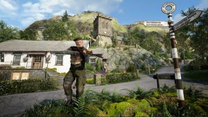 a militia man in a red beret raises a rifle outside a quarantined British village in a scene from the video game Atomfall