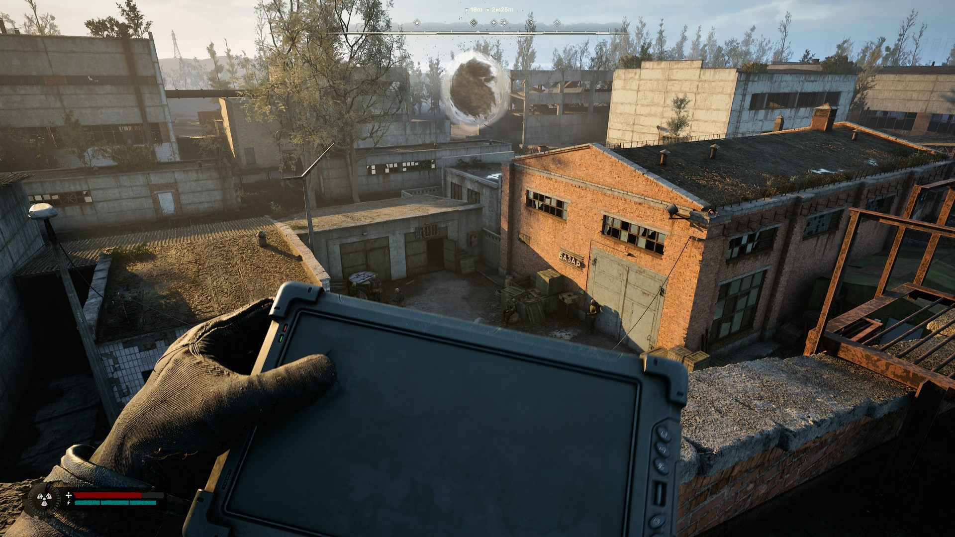 A first-person view of Stalker 2, the player has raised their HUD/data pad with an anomaly in the distance