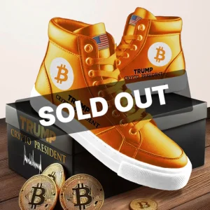 Orange high-top sneakers with Bitcoin and American flag motifs