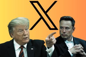 A collage image of Donald Trump and Elon Musk under a 'X' sign