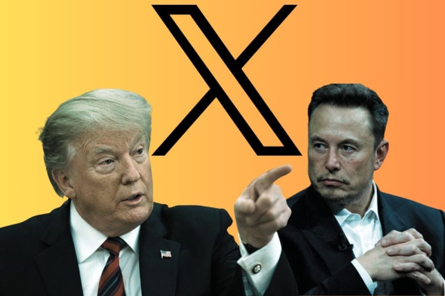 A collage image of Donald Trump and Elon Musk under a 'X' sign