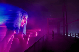  release date, plot, cast, and more. A futuristic scene depicting a large holographic advertisement of a woman with blue hair pointing a finger, set against a neon-lit, foggy cityscape with a lone figure standing on a bridge in the background. The atmosphere is moody and reminiscent of a dystopian setting.