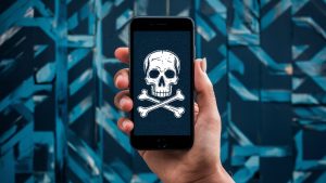 a hand holding an iphone with a digital skull and cross bones displayed, poster