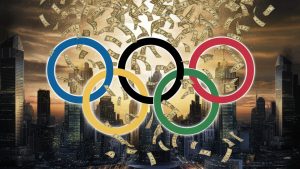 A striking and provocative poster illustration of the Olympic rings, each replaced by a ring of golden banknotes showering down. The background is a metropolitan cityscape at dusk, with tall skyscrapers and a golden sky. The overall tone of the image is critical and thought-provoking, questioning the commercialization of sports and the true spirit of the Olympics., poster