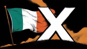 A striking and vibrant illustration featuring an Irish flag and a large, bold white 'X' set against a deep black background. The Irish flag is waving majestically in the foreground, with its green, white, and orange colors shining bright. The 'X' symbol, which could represent a treasure map or a mysterious puzzle, stands tall and confident alongside the flag, drawing the viewer's eye to its center. The overall atmosphere of the image is bold and eye-catching, with a sense of adventure and intrigue., vibrant