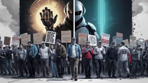 A striking illustration capturing a group of video game industry workers, dressed casually, staging a protest. They hold signs and banners voicing their concerns about the growing integration of AI in the gaming world. In the background, a massive poster showcases a futuristic AI-powered game character, starkly contrasting the human workers and their potential future in the industry. The overall atmosphere of the image is powerful, thought-provoking, and filled with a sense of urgency., illustration, poster