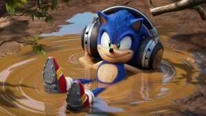 An AI Generated image of Sonic the Hedgehog listening to music in mud.