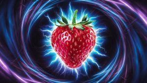 An exquisite and vibrant digital art piece featuring a supercharged strawberry that radiates a mesmerizing blue aura. The strawberry is juicy and plump, its red color contrasted by the electric blue light that surrounds it. The dynamic background consists of a swirling vortex of colors, with streaks of blue, purple, and pink. The overall effect is a stunning, energetic, and almost otherworldly depiction of a strawberry., vibrant