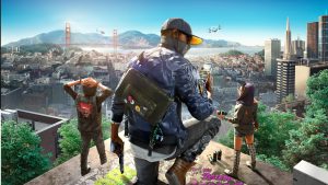 A group of hacker heroes on a rooftop overlooking the city of San Francisco in a scene from Watch Dogs 2