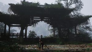 The Hero in Black Myth Wukong standing at a ruined temple