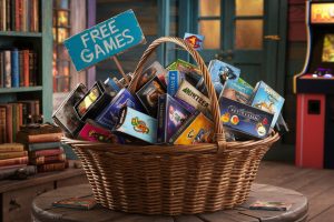 A wicker basket filled to the top with video game cases and a sign saying 