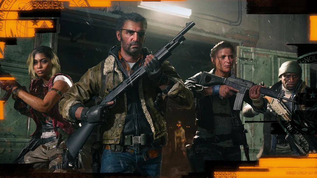 the group of four heroes in Call of Duty Black Ops 6 Zombies brandishing their weapons