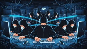 AI image of Chinese hackers at work / Black Lotus Labs report says Chinese state sponsored hackers infiltrated US internet providers.