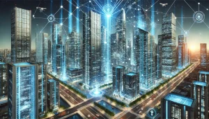 Futuristic cityscape with interconnected digital nodes, representing a blockchain network