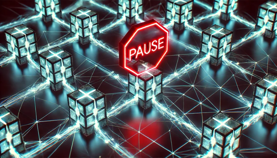 A stylized network of interconnected blocks with a glowing red "pause" symbol overlaid, representing the halted block production on the TON blockchain