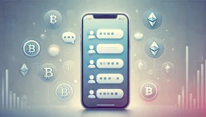  A minimalist illustration of a smartphone displaying a social media app interface with speech bubbles and cryptocurrency symbols fading into the background