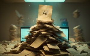 A captivating cinematic shot of a towering pile of documents, with a single sheet on top bearing the simple yet intriguing word 'AI'. The documents are scattered in various shades of beige, creating a sense of chaos and urgency. The background is a dimly lit room with a computer screen emitting a soft blue glow. A sense of suspense and discovery fills the atmosphere., cinematic