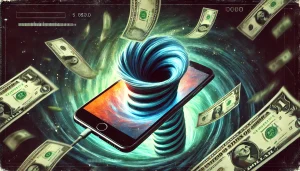 A stack of dollar bills being sucked into a vortex shaped like a smartphone, symbolizing money disappearing into a scam app