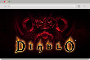 Diablo key art. A big red devil head in the background and the game's logo in the foreground, all surrounded by a web browser window