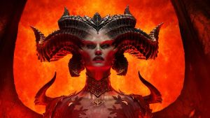 diablo IV title card showing the game's major villain, a horned demoness