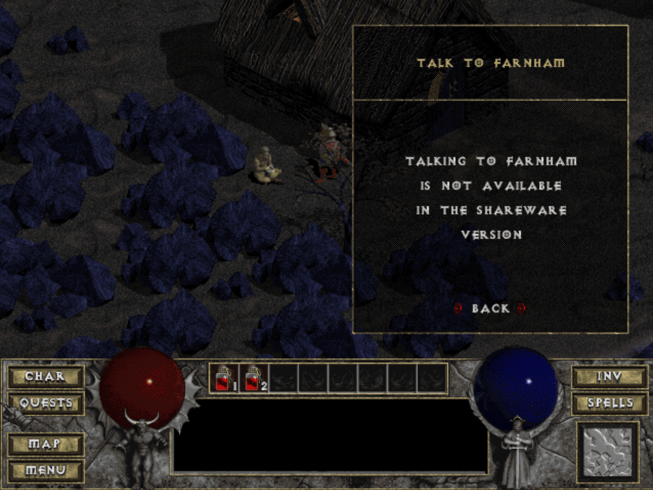 A screeenshot of the in-browser version of Diablo showing the limits of the shareware version