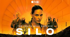 Key art for Silo. an orange background with several characters' headshots in the center of the screen