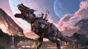 Key art for Ark 2 featuring vin diesel's character riding a dinosaur