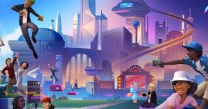 Key art for Horizon Worlds with avatars around a cityscape.