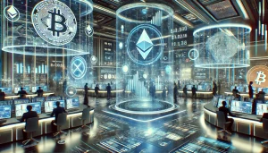 Futuristic trading floor with holographic crypto symbols and price tickers