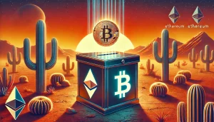 A stylized ballot box with a cryptocurrency symbol emerging from the slot, set against an Arizona desert backdrop