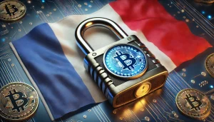 A digital padlock closing on a French flag, symbolizing cryptocurrency restrictions