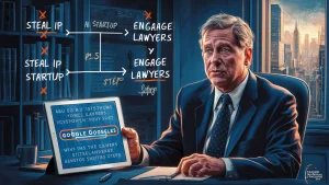 AI image of a senior executive communicating in a serious tone / Former Google CEO Eric Schmidt has suggested AI startups can steal intellectual property and have lawyers come behind to “clean up the mess”. 