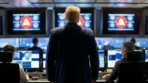 Donald Trump standing up viewed from behind in a control room watching monitors with alert icons on the screen, cinematic